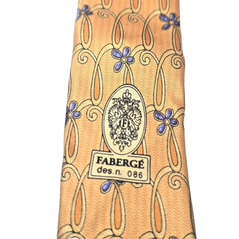 Faberge 100% Silk Tie D No. 086 Handmade in USA‎ Gold & Orange with Blue Flowers